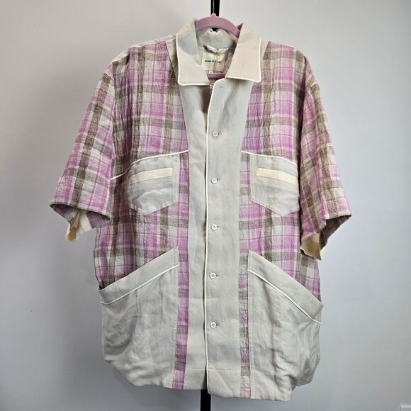NWOT Nicholas Daley Linen Mento Patchwork Button Shirt Pink Beige Streetwear XL - Picture 2 of 8